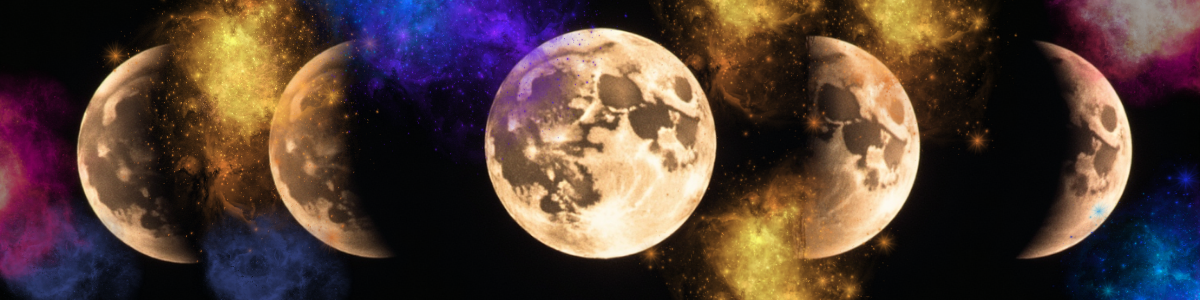 Ilustracja faz Księżyca na ciemnym tle, ukazująca kolejne etapy cyklu lunarnego w złotych i kolorowych barwach.