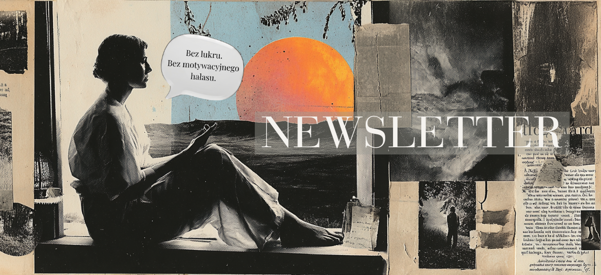 Artystyczny kolaż przedstawiający newsletter Duchowej Bestii jako przestrzeń refleksji, inspiracji i głębszych pytań o siebie.