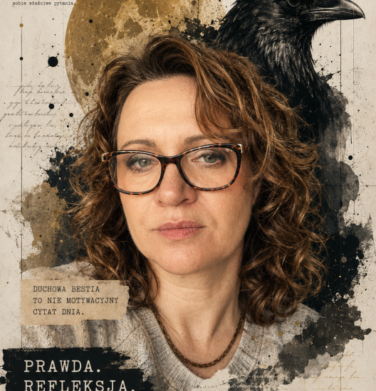 Portret autorki Duchowej Bestii z krukiem w tle, symbolizujący prawdę, refleksję i świadomą pracę ze sobą.